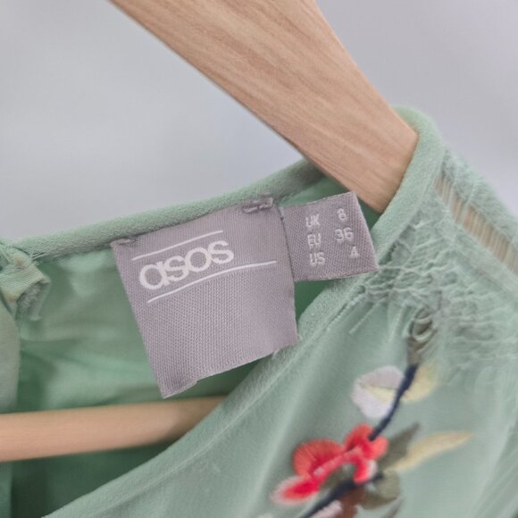 Asos Light Soft Green Floral Embroidered Lined Lace Trim High Neck Midi Dress 4 - Picture 14 of 15